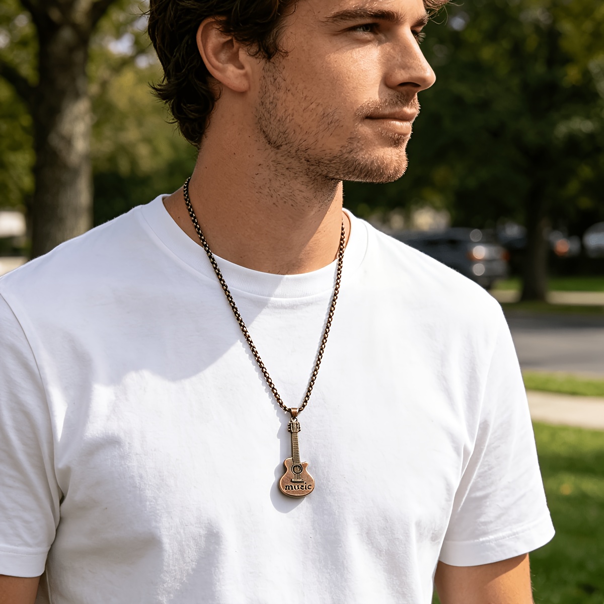 2pcs Guitar-Shaped Pendant Necklace Set, Unisex Daily Wear